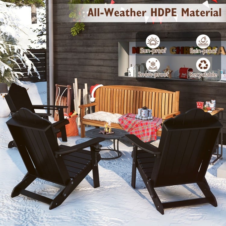 Black HDPE folding Adirondack chair with high backrest and cup holder, perfect for backyard relaxation and portability.