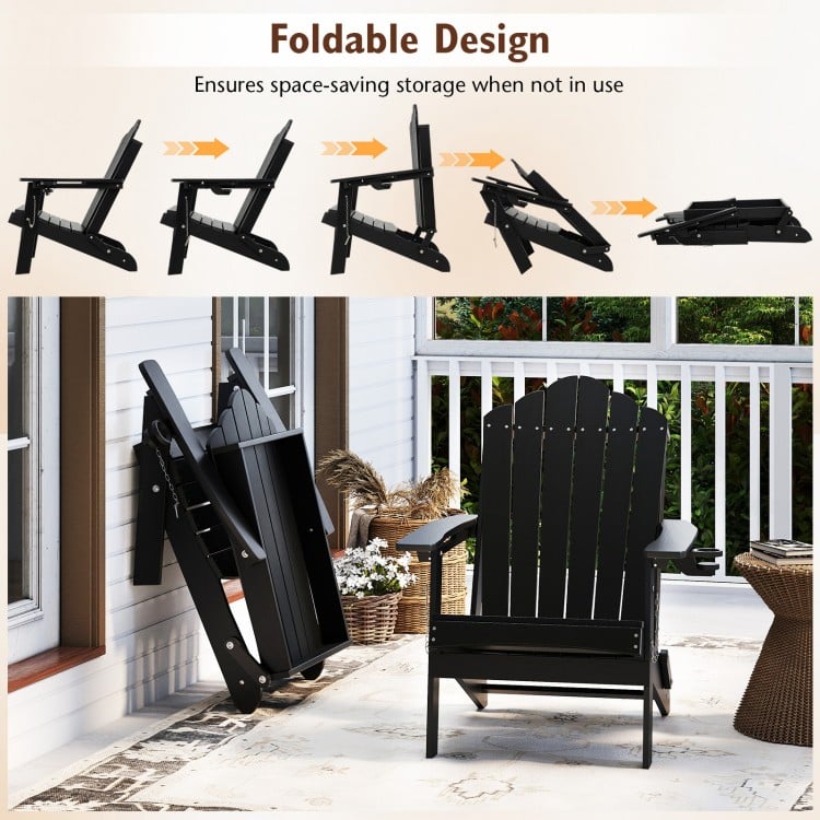 Black HDPE folding Adirondack chair with high backrest and cup holder, perfect for backyard relaxation and easy storage.
