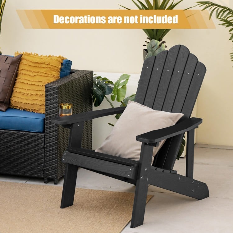 Black Weather Resistant HIPS Adirondack chair featuring a wide seat and elegant fan-shaped backrest, perfect for.