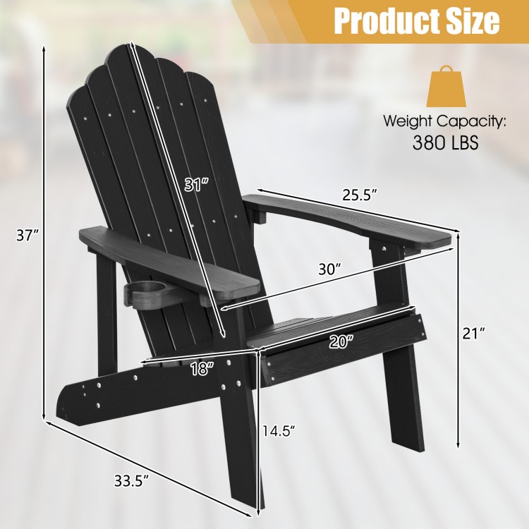 Black Weather Resistant HIPS Outdoor Adirondack Chair dimensions with cup holder, designed for comfort and durability.