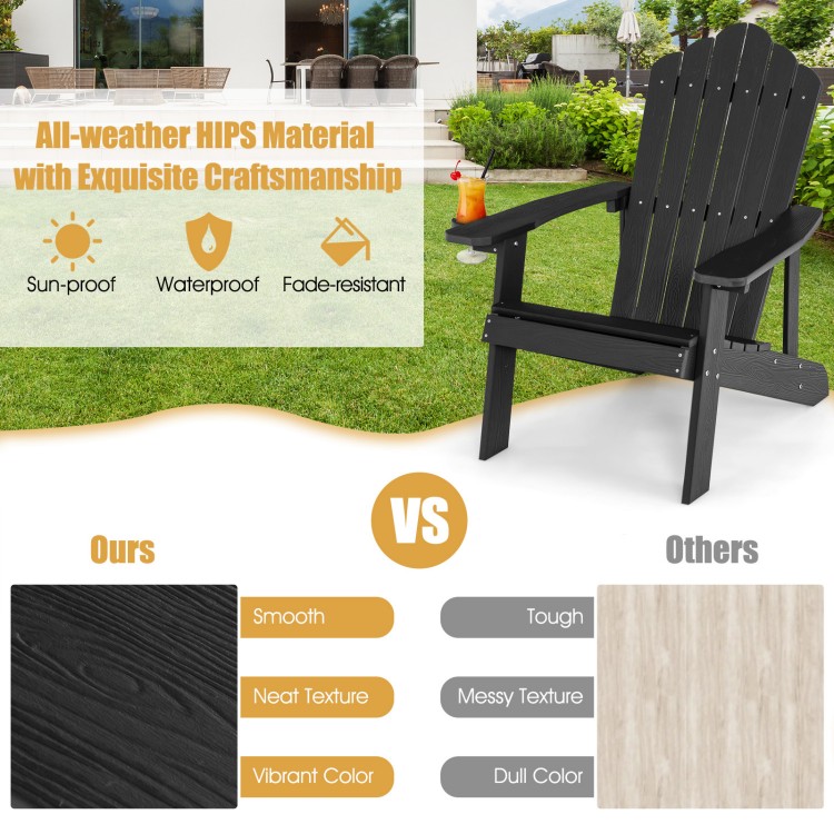 Black Weather Resistant HIPS Adirondack chair with ergonomic armrests and hidden cup holder for outdoor comfort.