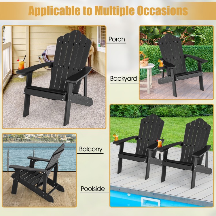 Black Weather Resistant HIPS Adirondack chair with cup holder, ideal for outdoor use on patios, porches, and poolside.