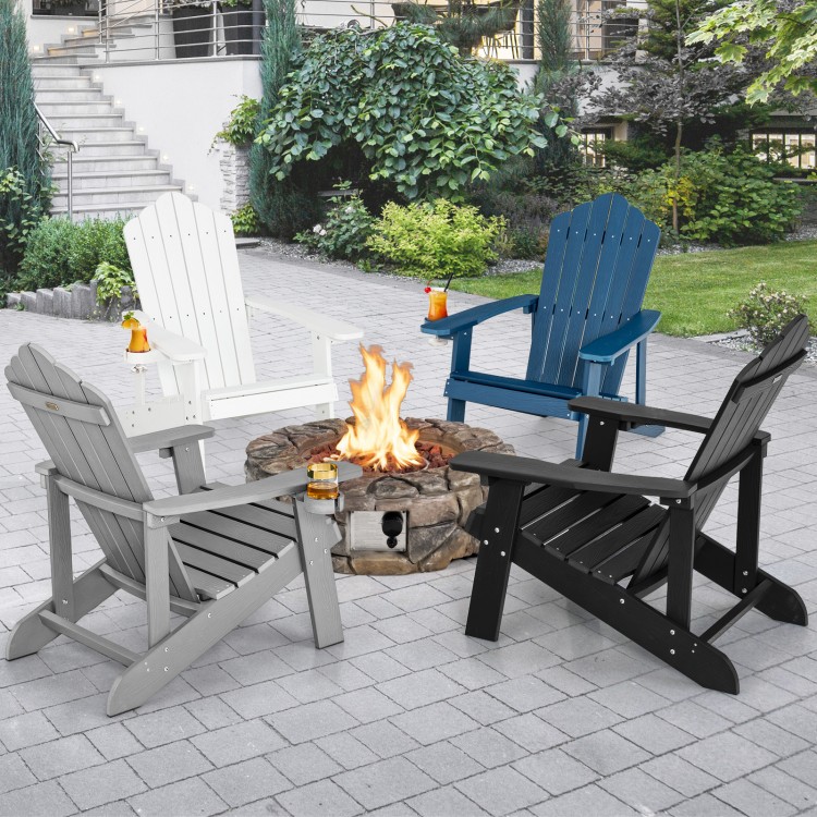 Gray Weather Resistant HIPS Adirondack chair with cup holder, perfect for outdoor patio relaxation around a fire pit.