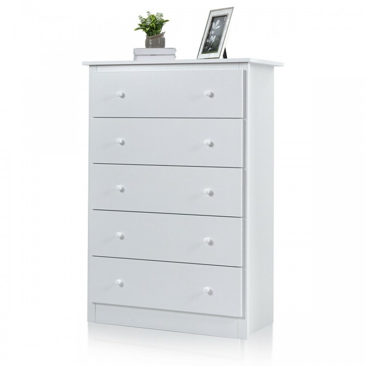 Five-drawer white dresser made of solid PB board and MDF, ideal for organized storage in bedrooms or living rooms.