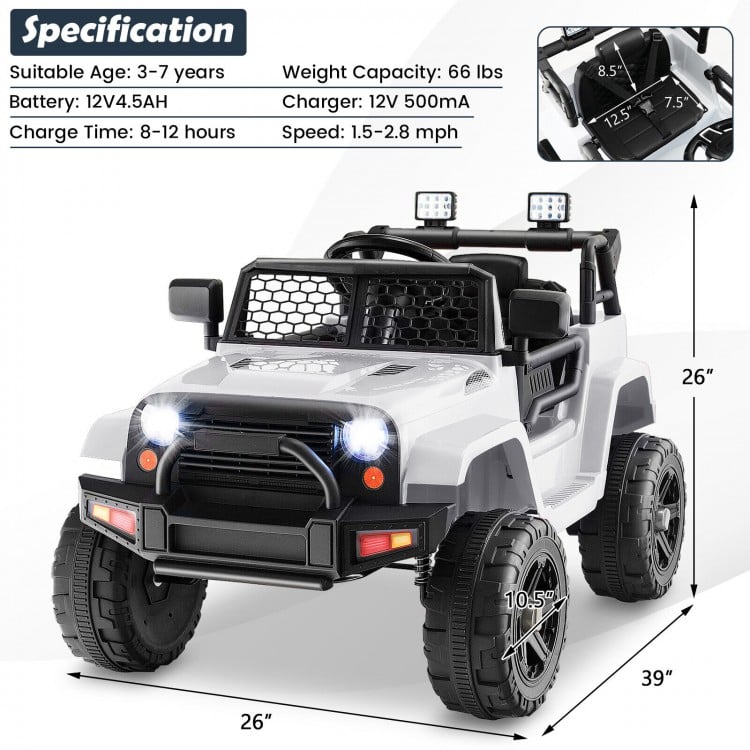 12V kids ride-on truck in white with remote control, headlights, and wear-resistant wheels for safe outdoor fun.