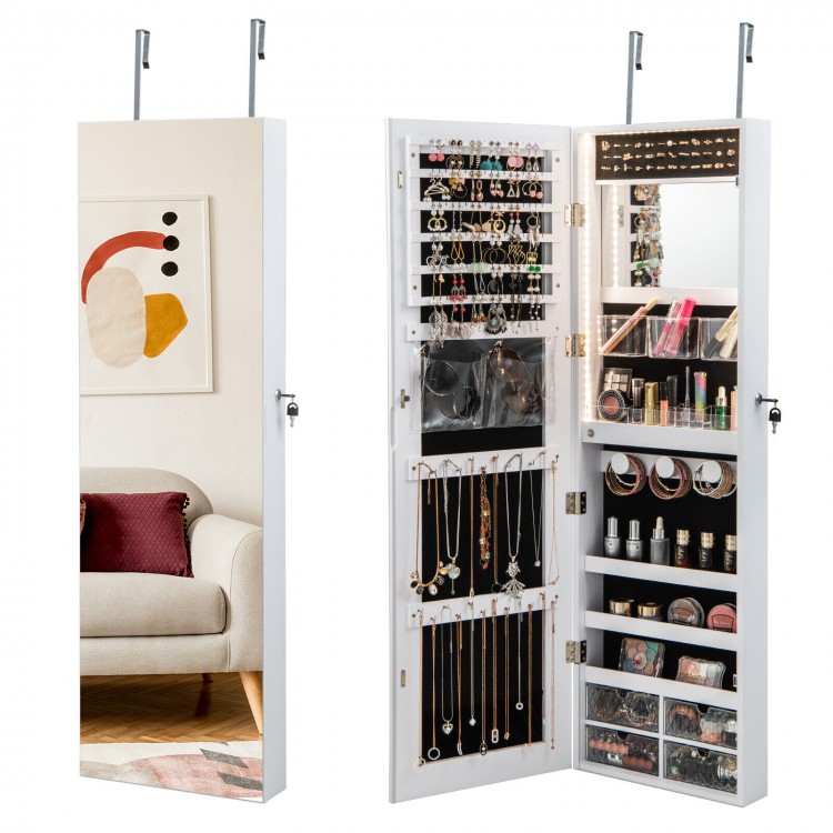 Wall-mounted jewelry cabinet in white with full-length mirror, LED lights, and ample storage for jewelry and cosmetics.