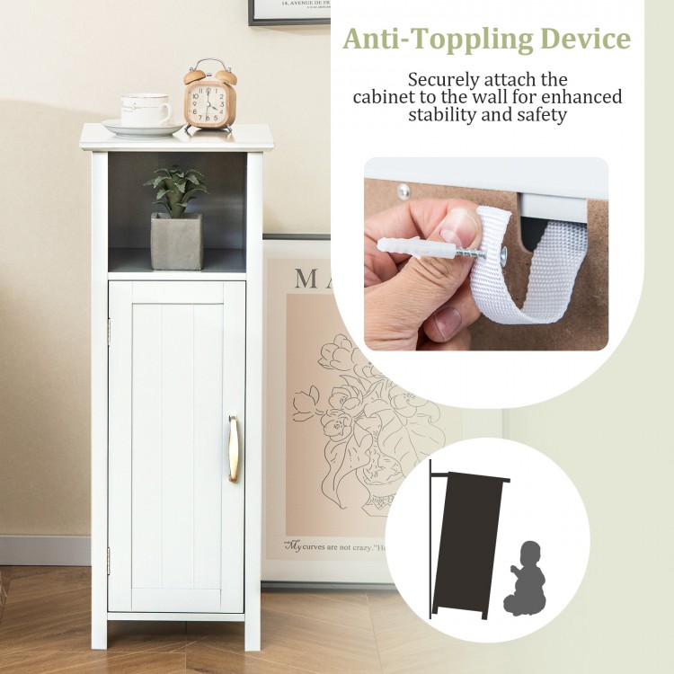 Freestanding bathroom cabinet with one door and open shelf, featuring anti-toppling design for safety and adjustable.
