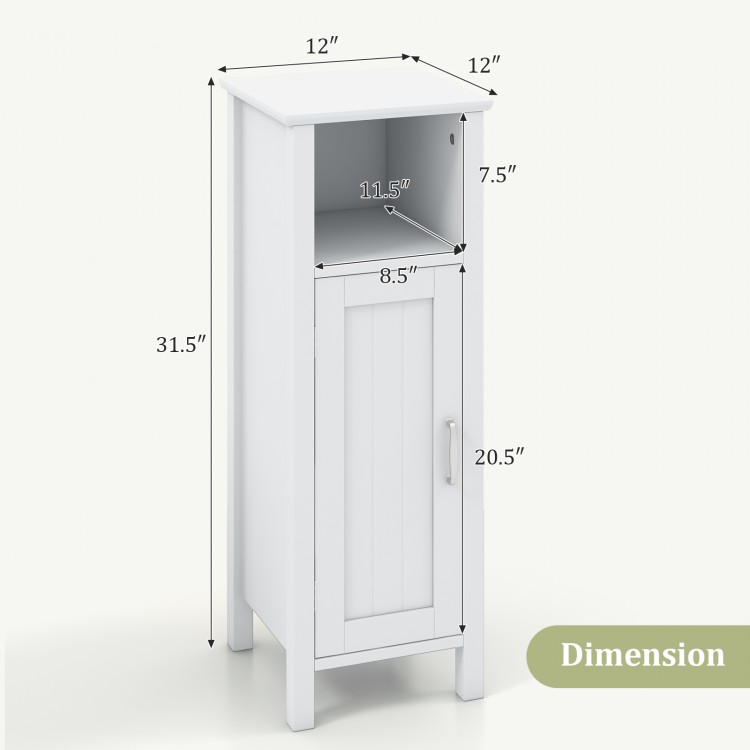 Freestanding bathroom cabinet with open shelf, featuring dimensions 12"x12"x31.5", ideal for versatile storage.