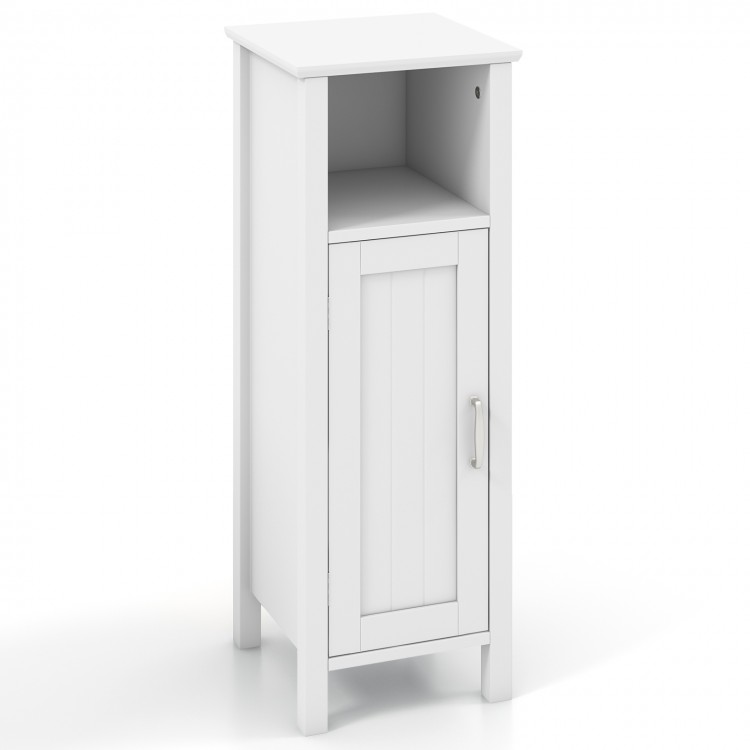 Freestanding white bathroom cabinet with one door and open shelf, featuring adjustable shelves for versatile storage.
