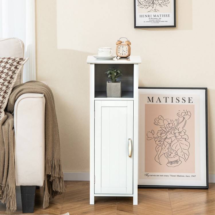Freestanding bathroom cabinet with one door and open shelf, featuring adjustable shelves and a stylish white finish.