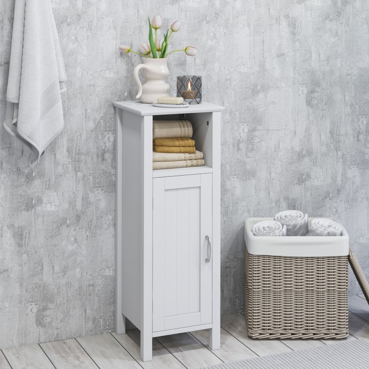 Freestanding white bathroom cabinet with open shelf, featuring adjustable shelves and a magnetic door for versatile.
