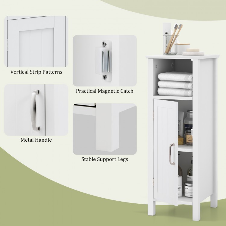Freestanding bathroom cabinet with one door, adjustable shelves, and a magnetic catch for easy access and organization.