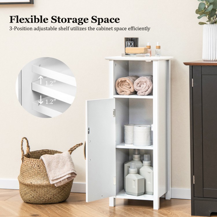 Freestanding bathroom cabinet with one door and three adjustable shelves, designed for versatile storage in any room.