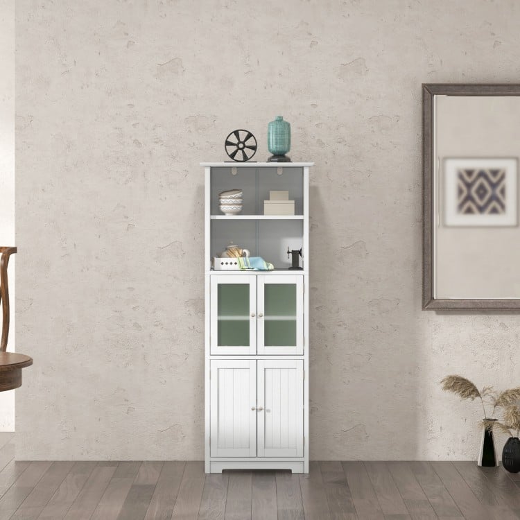 Freestanding white bathroom cabinet featuring a modern design, with 2 glass doors, adjustable shelves, and raised legs.