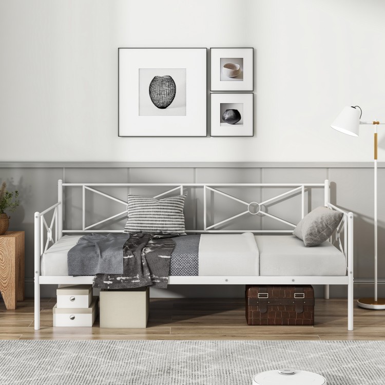 White metal twin daybed frame with chic side rails, suitable for bedroom or living room, featuring under-bed storage.