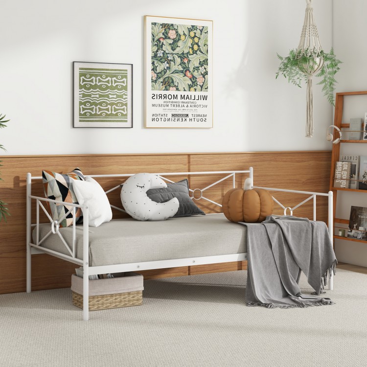 Twin metal daybed frame in white with chic side rails, suitable for bedroom or living room, offers under-bed storage.