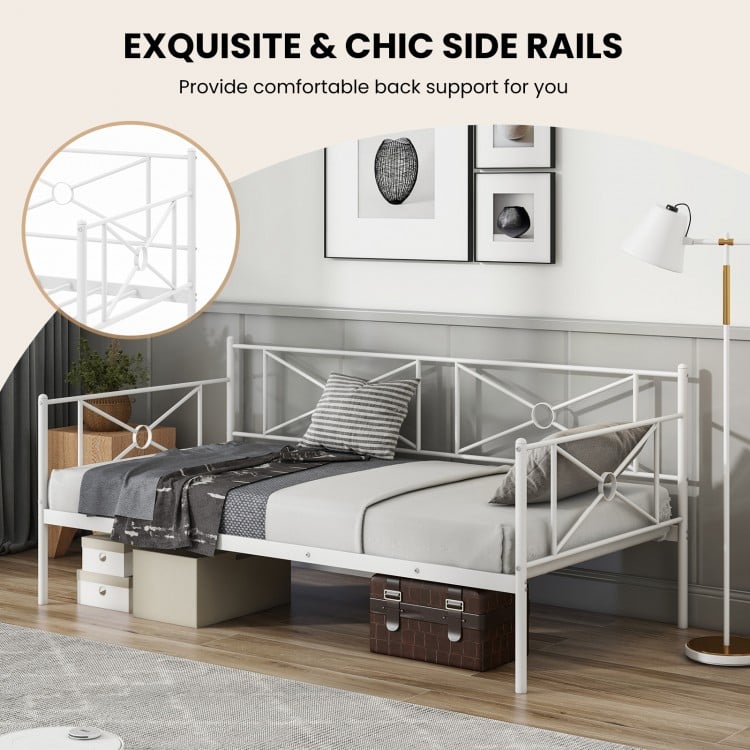Twin metal daybed frame in white with chic side rails, ideal for bedroom or living room, offering stylish support and.