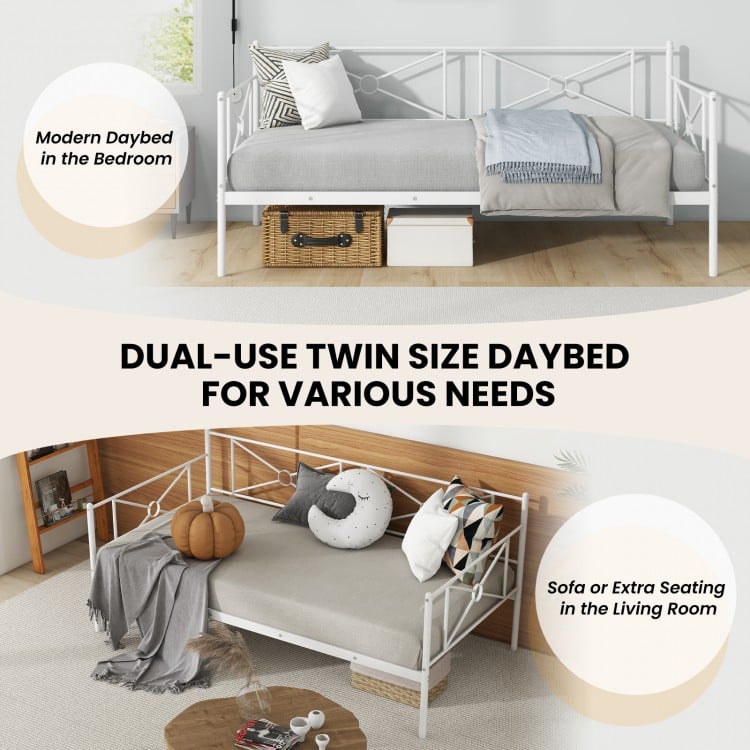 Twin size metal daybed in white, featuring heavy-duty slats and chic side rails, ideal for bedroom or living room use.