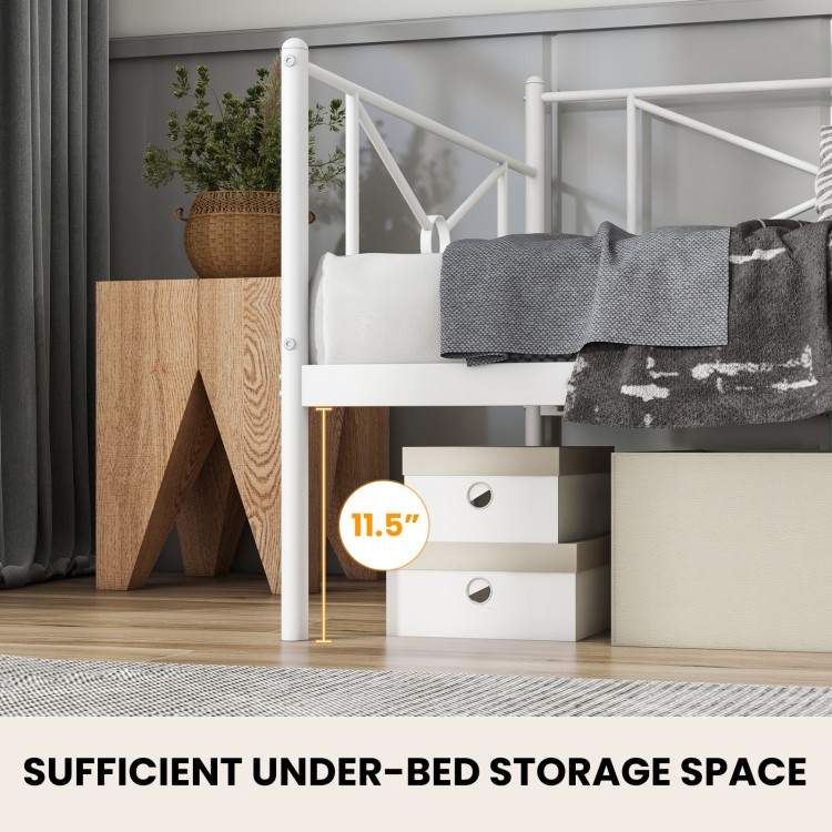 Metal twin daybed frame with 11.5" under-bed storage space, ideal for a clutter-free bedroom or living room setup.