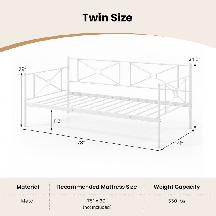 Twin size metal daybed frame in white with sturdy slats, ideal for bedroom or living room seating, offers under-bed.