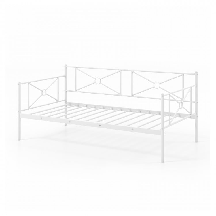 White metal twin daybed frame with stable steel slats, ideal for bedroom or living room seating and under-bed storage.