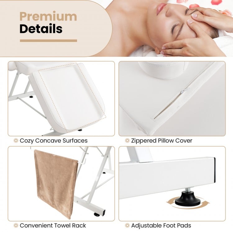 Cozy concave surface of the 73-inch facial chair set with adjustable foot pads and towel rack for spa treatments.