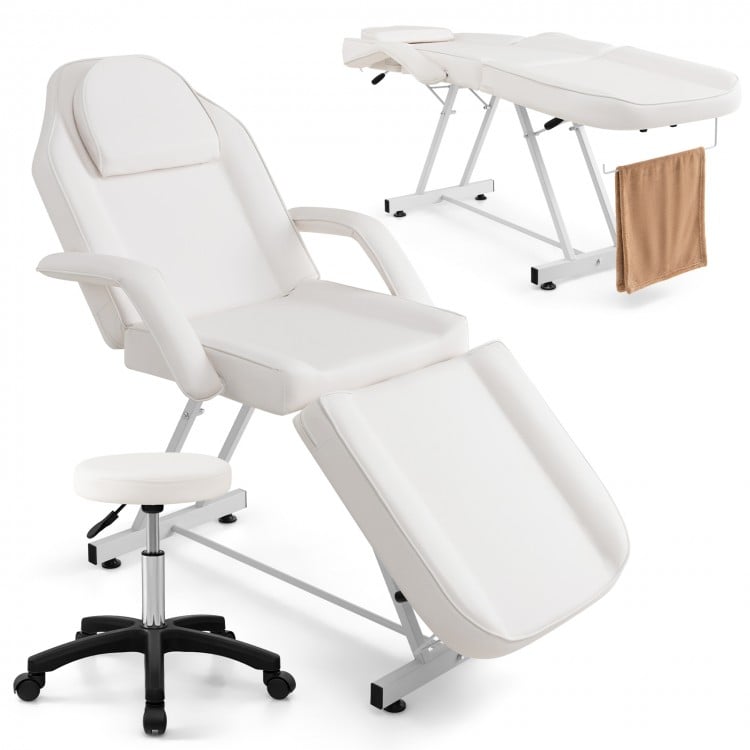 Facial chair set in white with removable headrest, adjustable legrest, and towel rack, ideal for spa and massage use.