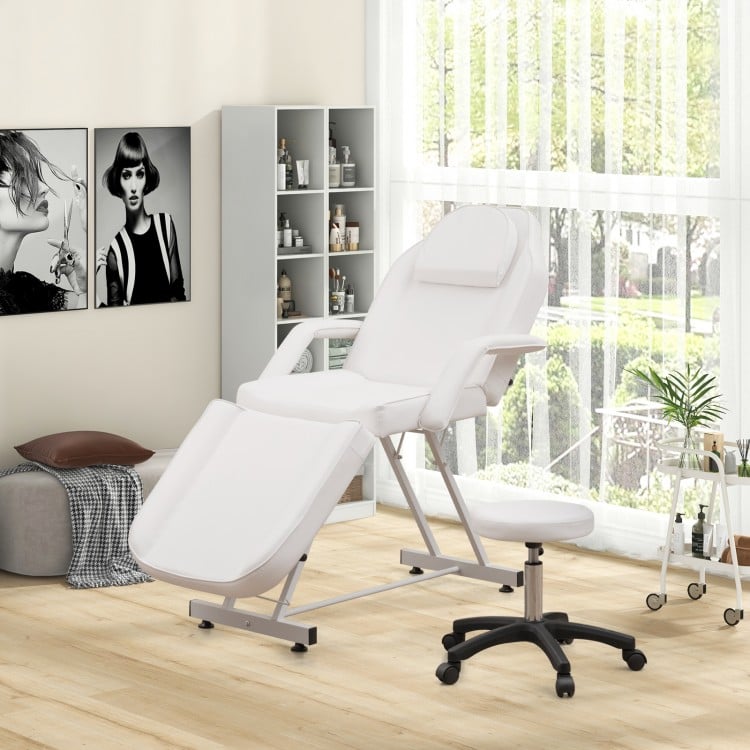 Facial chair set in white with removable headrest and armrests, featuring a towel rack, ideal for spa and massage use.
