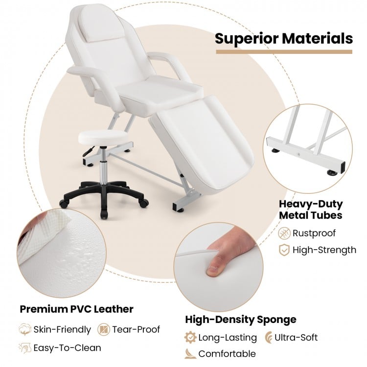 Facial chair set in white with adjustable backrest, removable headrest, and towel rack for spa and massage use.