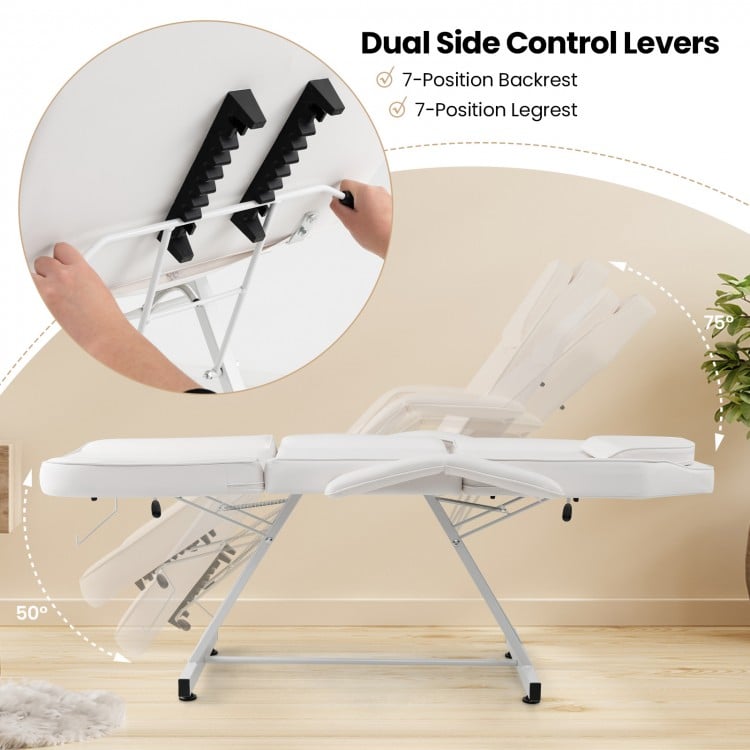 Dual side control levers on the 73-inch facial chair set with adjustable backrest and legrest for ergonomic comfort.