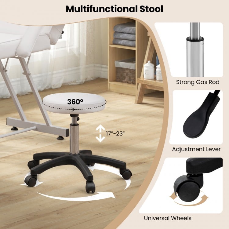 360° swivel multifunctional stool with adjustable height, strong gas rod, and universal wheels for easy movement in spa.