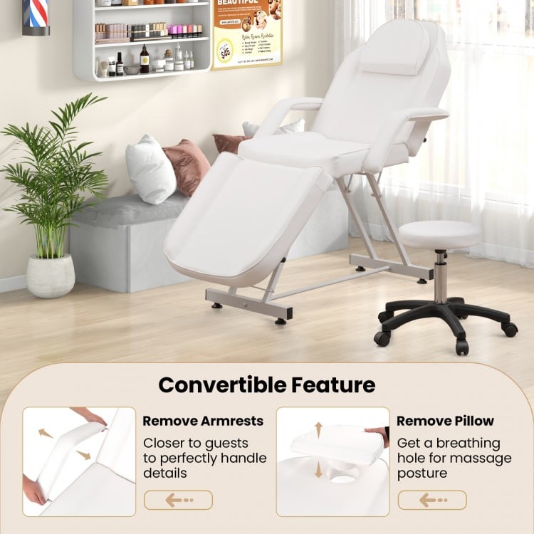 Facial chair set in white with removable headrest and armrests, featuring a 7-position backrest for ergonomic support.
