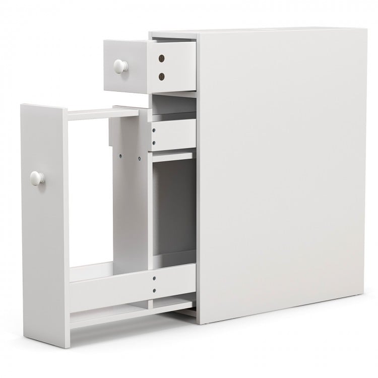 White bathroom cabinet with slide-out drawers, solid MDF construction, and modern design for efficient space-saving.