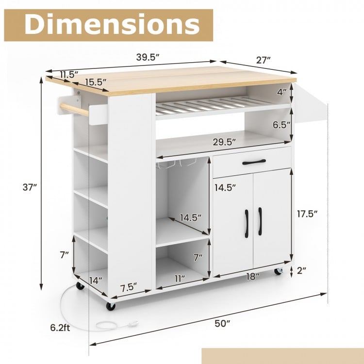 Rolling kitchen island cart with power outlet, white and natural finish, featuring ample storage and drop leaf design.