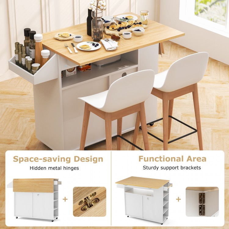 Rolling kitchen island cart in white and natural wood with drop leaf design, power outlet, and space-saving features.