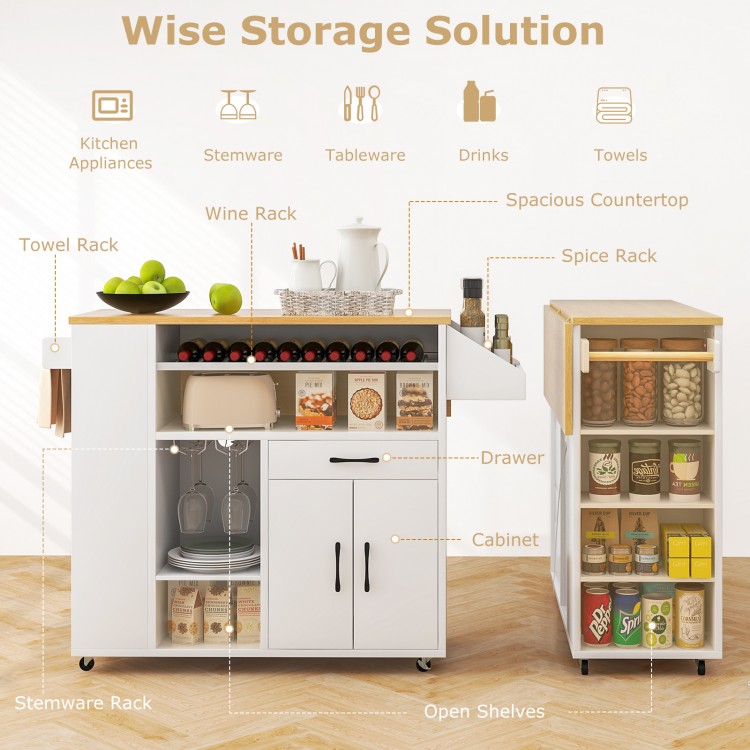 Rolling kitchen island cart in white and natural with ample storage, power outlet, and drop leaf design for versatile.