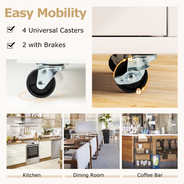 Rolling kitchen island cart with white and natural finish, featuring 4 universal casters for easy mobility in dining.
