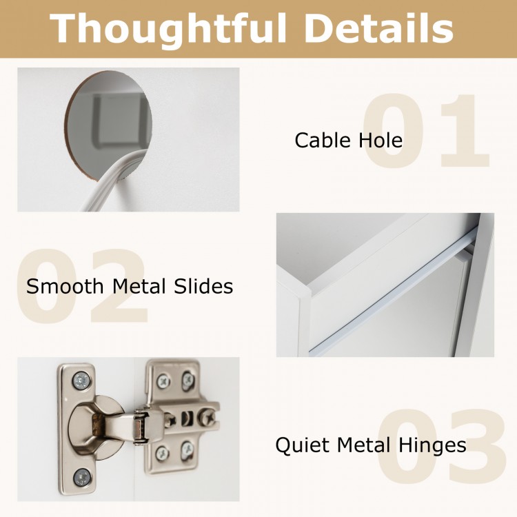Close-up of cable hole and quiet metal hinges on the rolling kitchen island cart, featuring a white and natural finish.