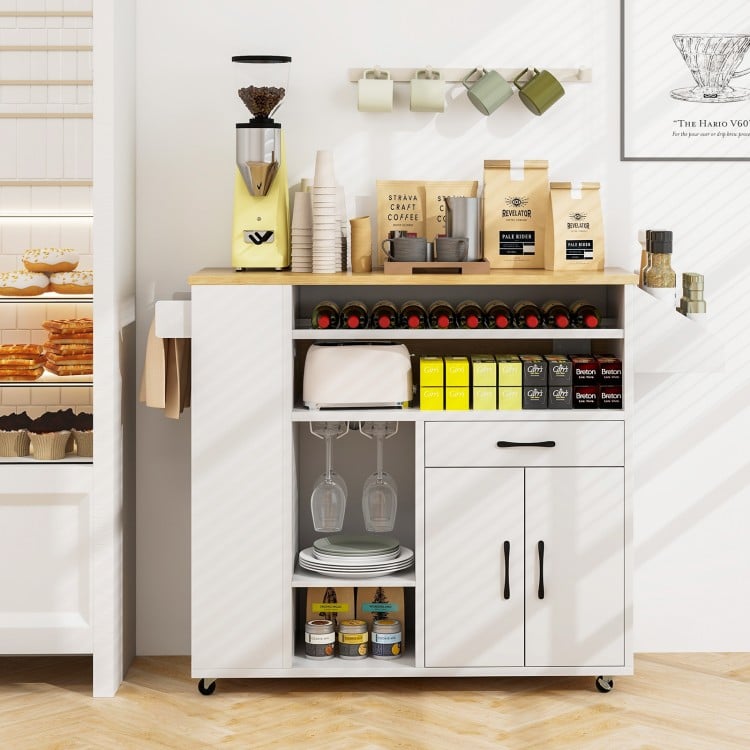 Rolling kitchen island cart in white and natural, featuring ample storage, power outlets, and a drop leaf design for.