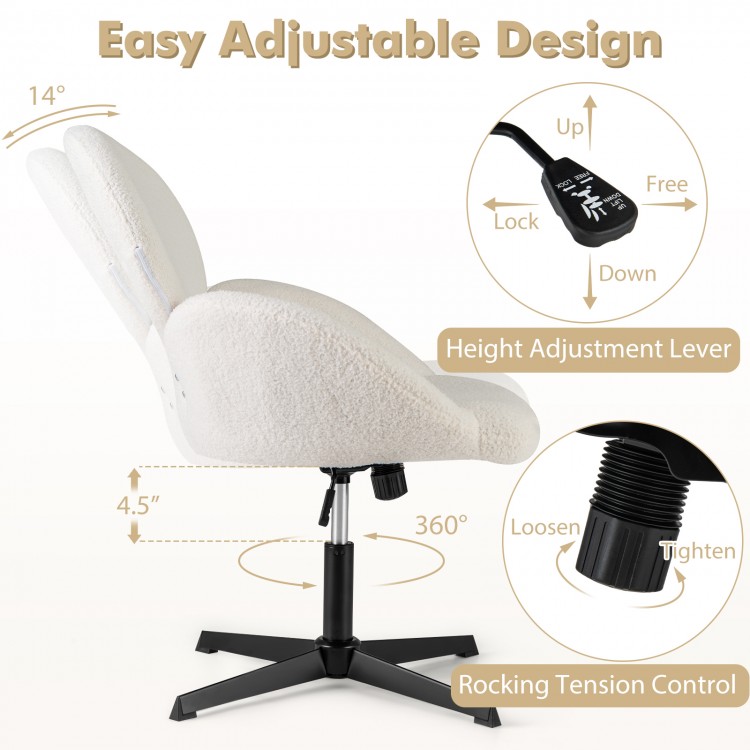 Side view of the swivel cross-legged chair in white highlighting the height adjustment lever and rocking tension.