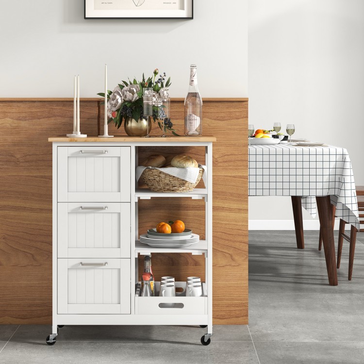 White rolling kitchen island utility storage cart with 4 swivel wheels, providing easy mobility and stability for.