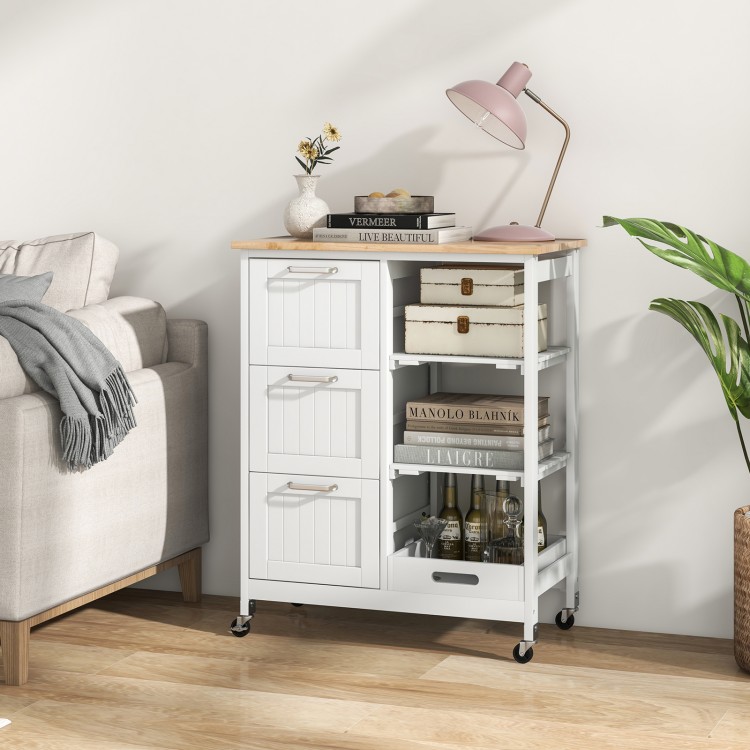 White rolling kitchen island utility cart with a rubber wood top, featuring 3 large drawers and 2 open shelves for.