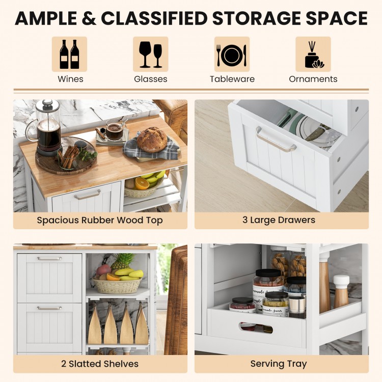 Rolling kitchen island utility cart in white with rubber wood top, 3 large drawers, and 2 open shelves for organized.