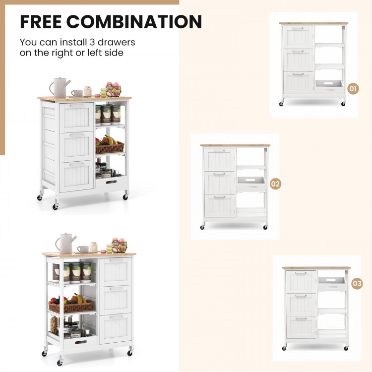 Rolling kitchen island utility storage cart in white with 3 drawers, 2 shelves, and removable tray for organized.
