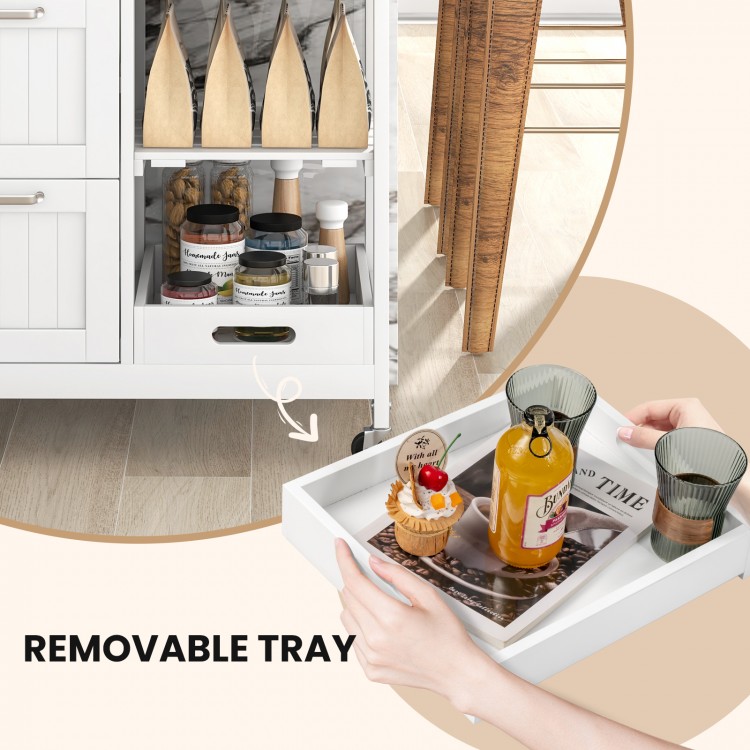 Removable tray from the white rolling kitchen island utility cart, ideal for organizing kitchen supplies and enhancing.