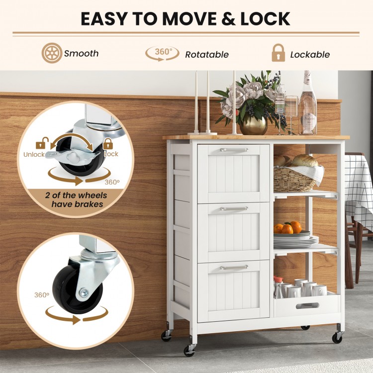Rolling kitchen island utility storage cart in white with 3 drawers, 2 shelves, and 360° swivel wheels for easy.