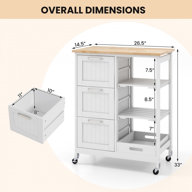 Rolling kitchen island utility storage cart in white with rubber wood top, featuring 3 drawers and 2 shelves for.