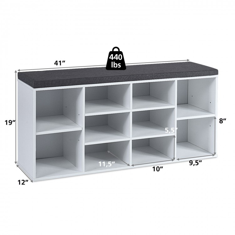 10-cube organizer entryway padded shoe storage bench in white with removable cushion, featuring adjustable shelves.