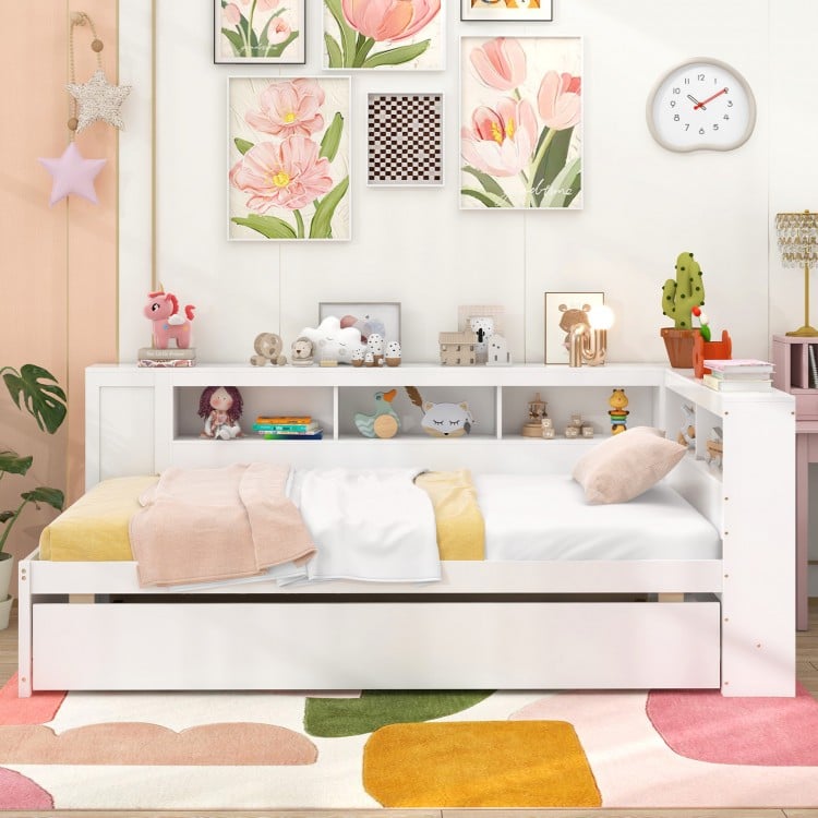 Twin size daybed platform bed frame in white with trundle and bedside shelves, ideal for kids' rooms and storage.
