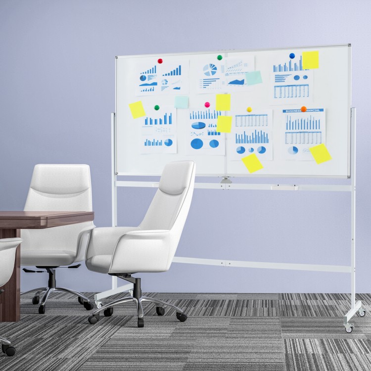 Double-sided magnetic whiteboard on wheels with aluminum frame, ideal for office or classroom use, featuring 360°.
